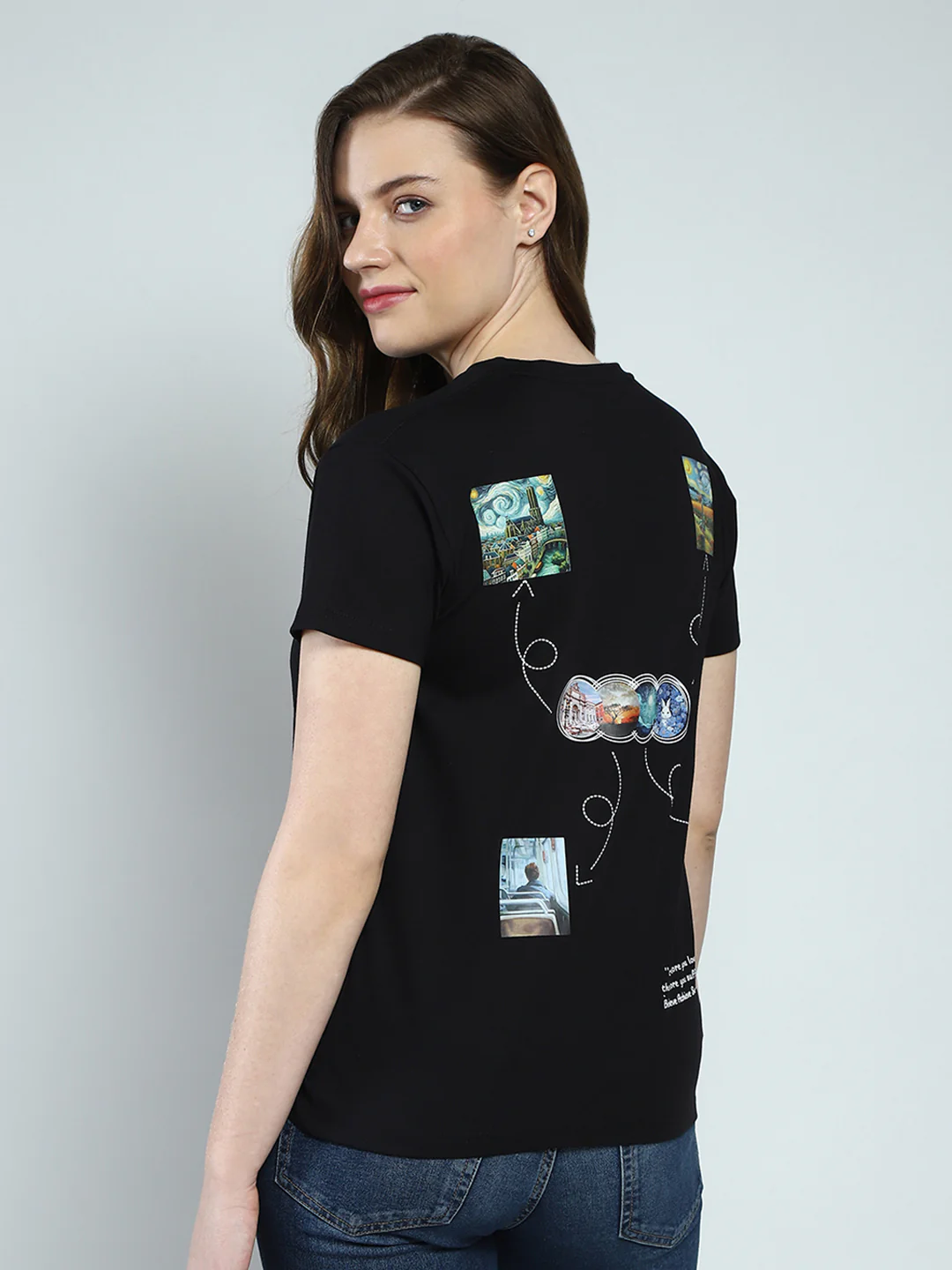Women Black Printed Round Neck Half Sleeve Top - Image 5