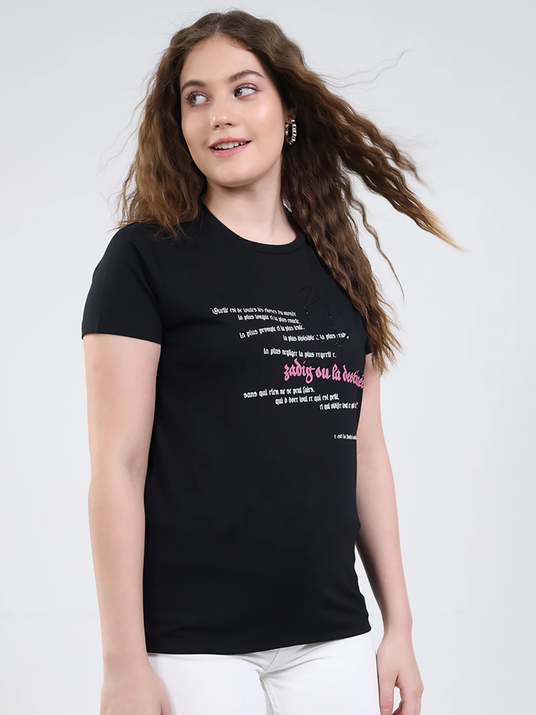 Women Black Printed Round Neck Half Sleeve Top - Image 4