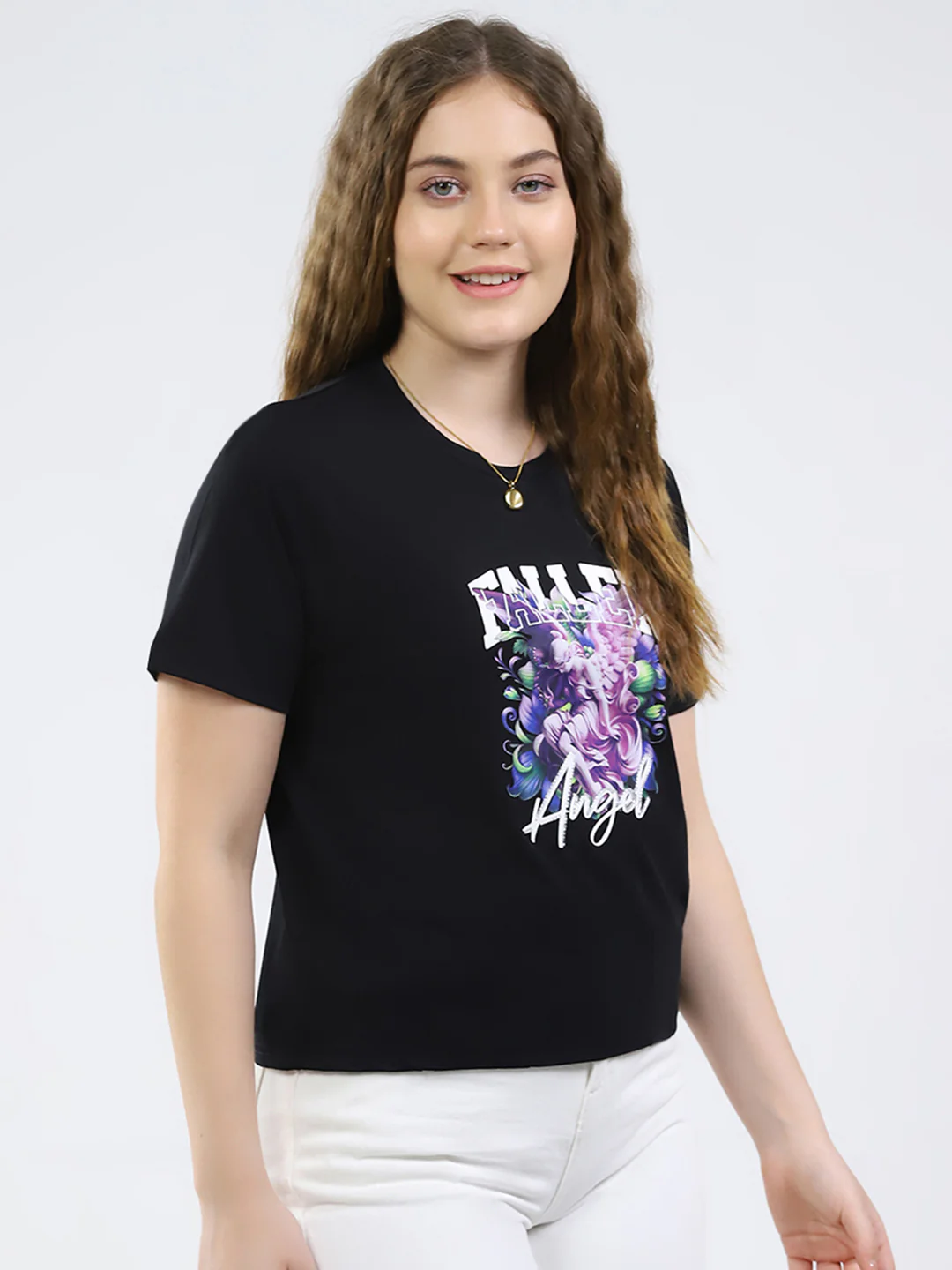 Women Black Printed Round Neck Half Sleeve Top - Image 4
