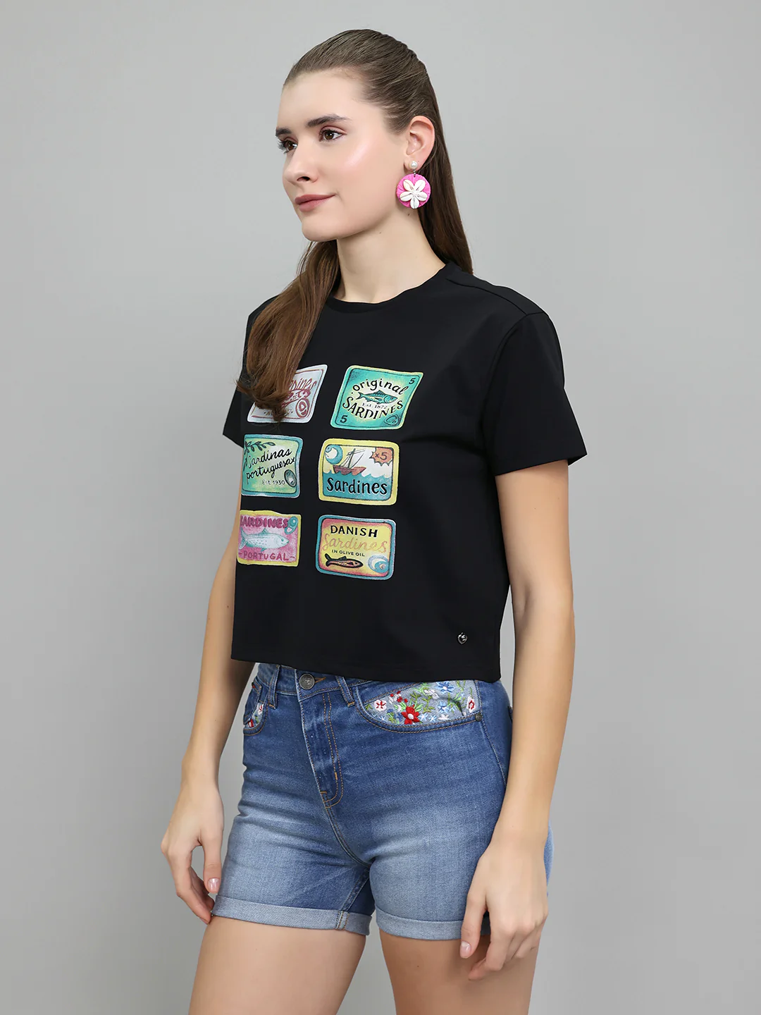 Women Black Printed Round Neck Half Sleeve Top - Image 3
