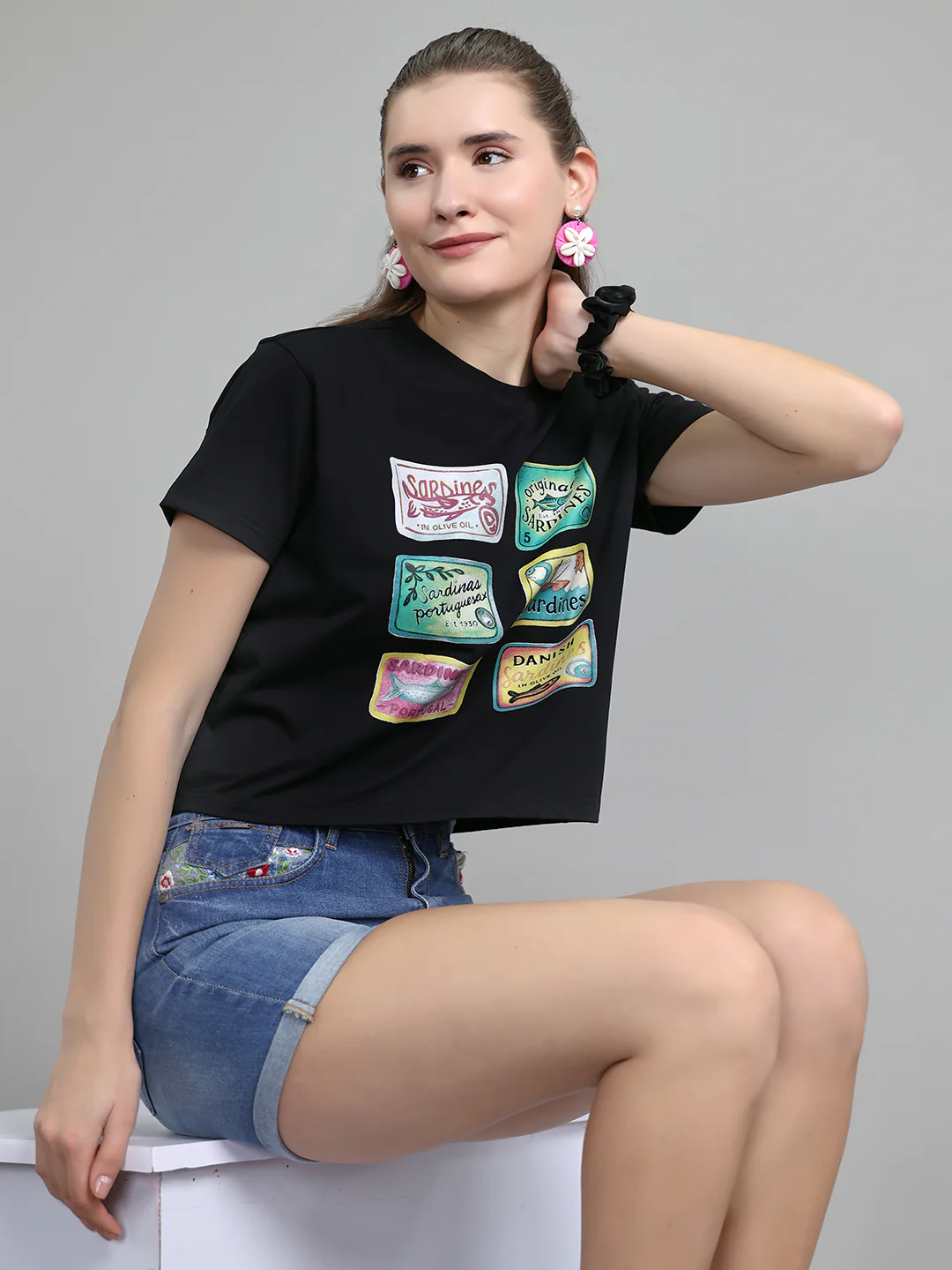 Women Black Printed Round Neck Half Sleeve Top - Image 7