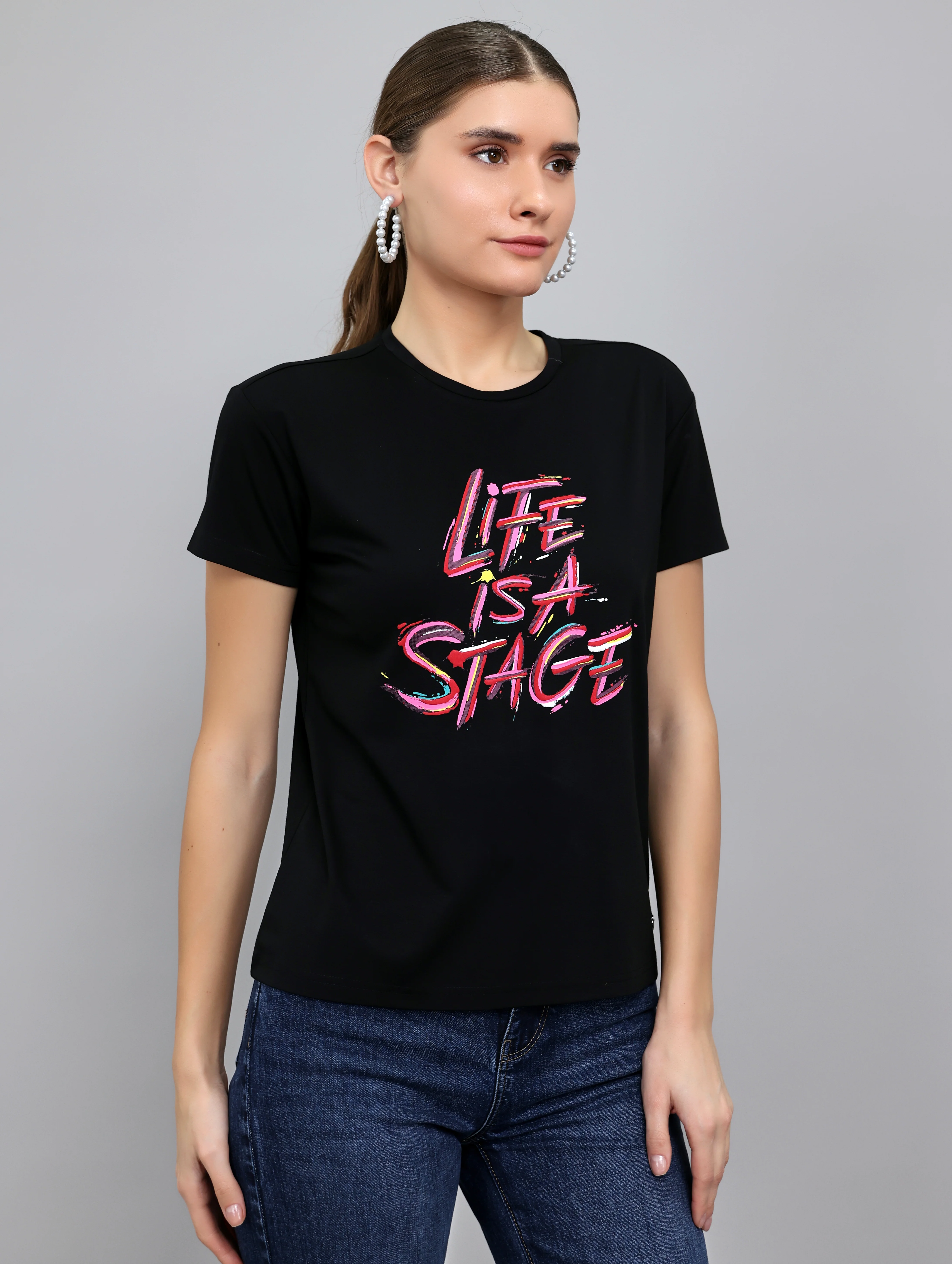 Women Black Printed Round Neck Half Sleeve Top - Image 2