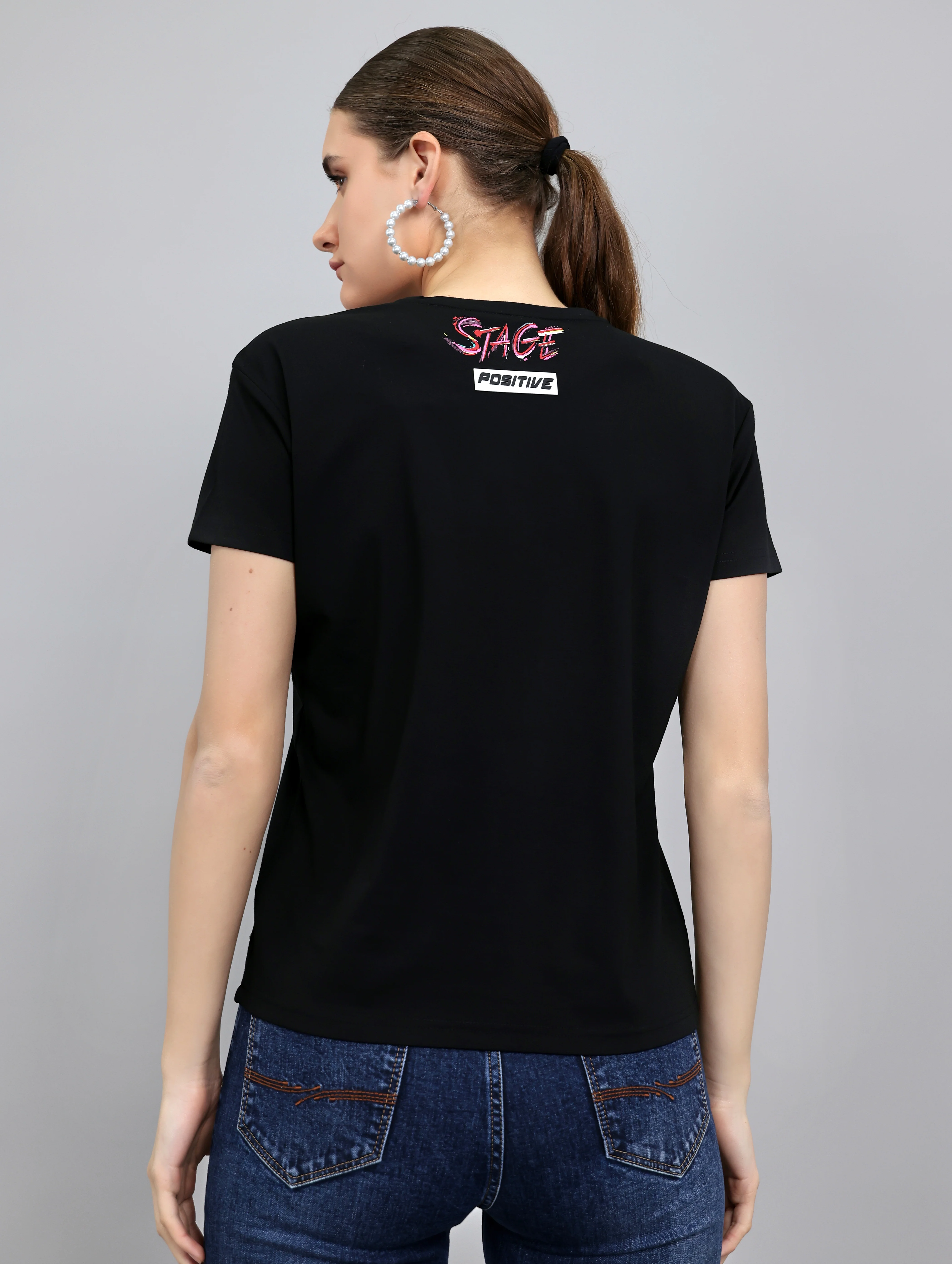 Women Black Printed Round Neck Half Sleeve Top - Image 3