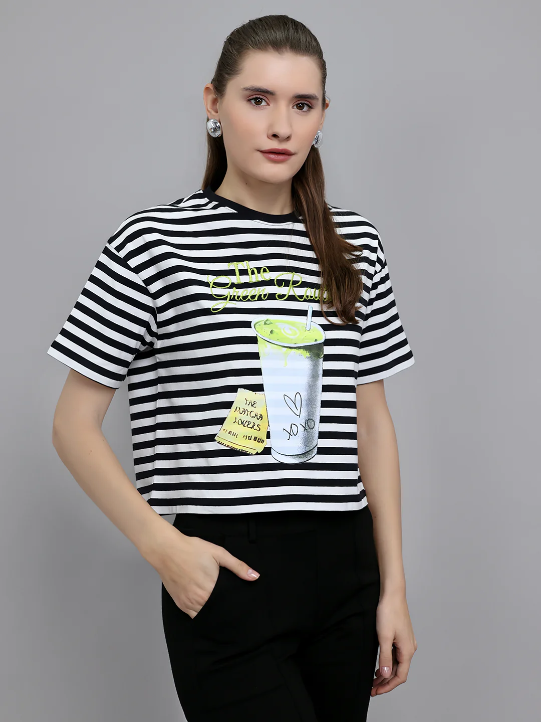Women Black Printed Round Neck Half Sleeve Top - Image 3