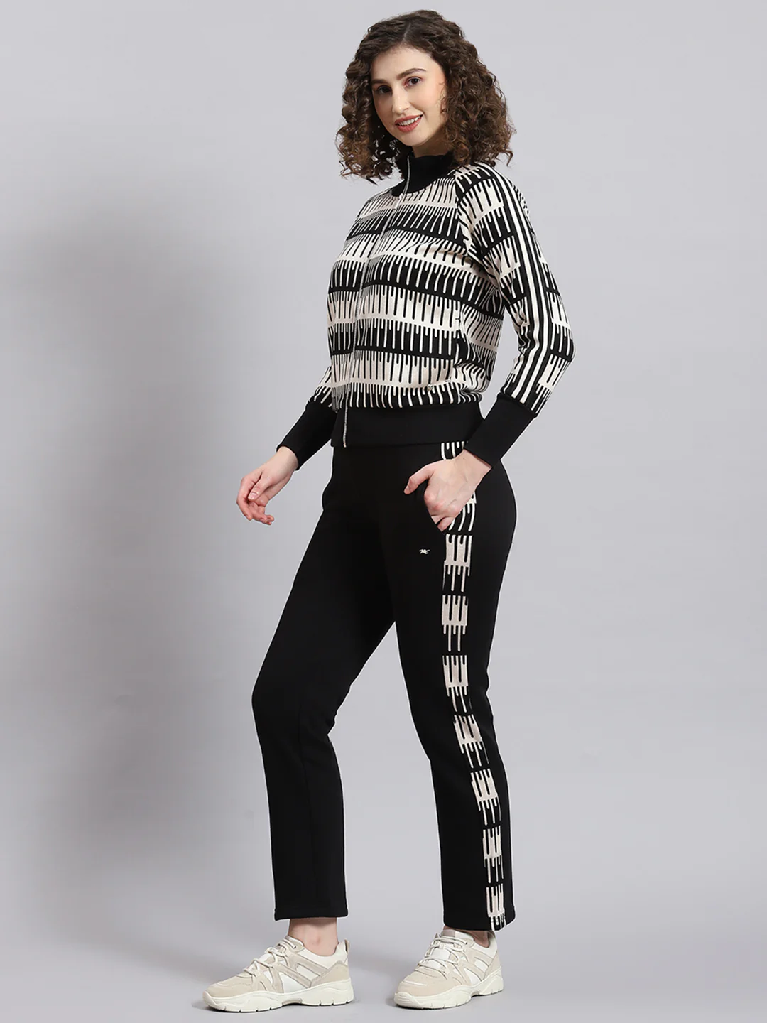 Women Black Printed Stand Collar Full Sleeve Tracksuit - Image 2