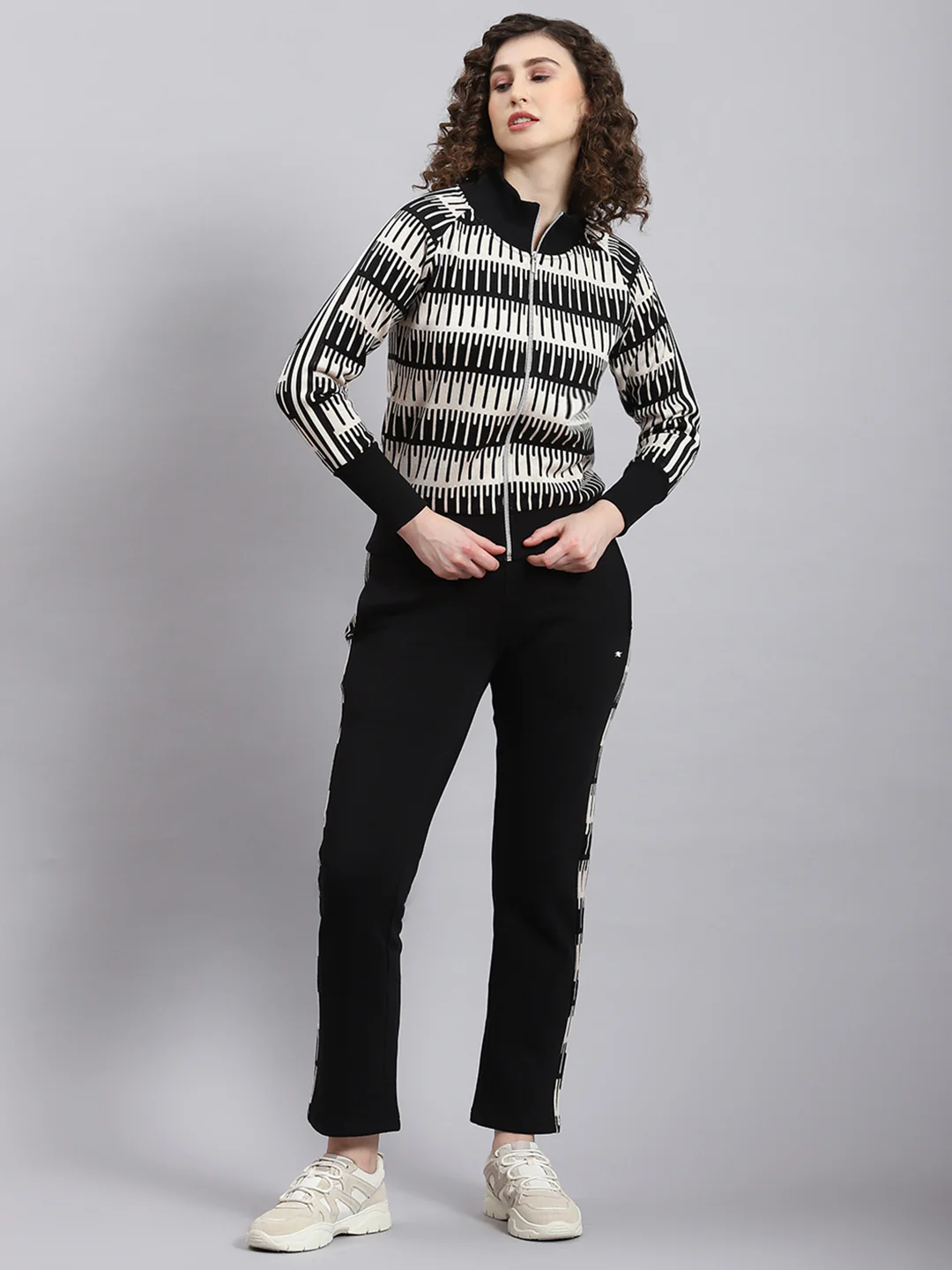 Women Black Printed Stand Collar Full Sleeve Tracksuit - Image 5