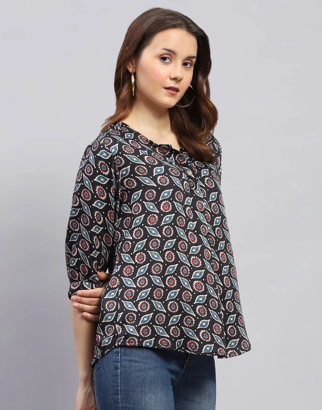 Women Black Printed V Neck 3/4 Sleeve Top - Image 5