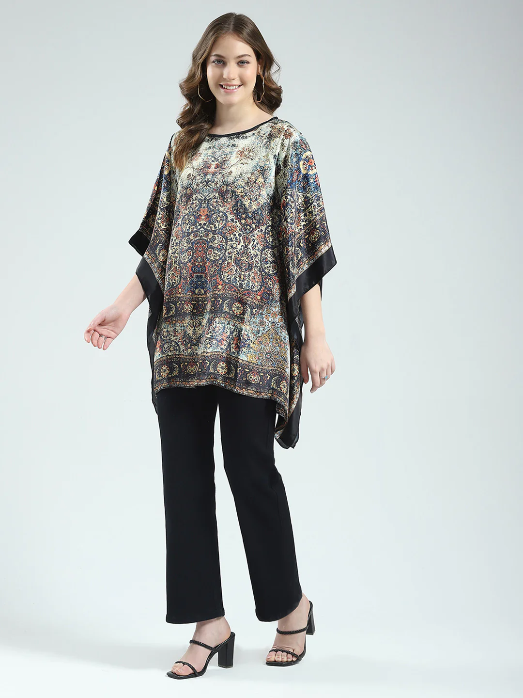 Women Black Printed Round Neck 3/4th Sleeve Poncho - Image 3