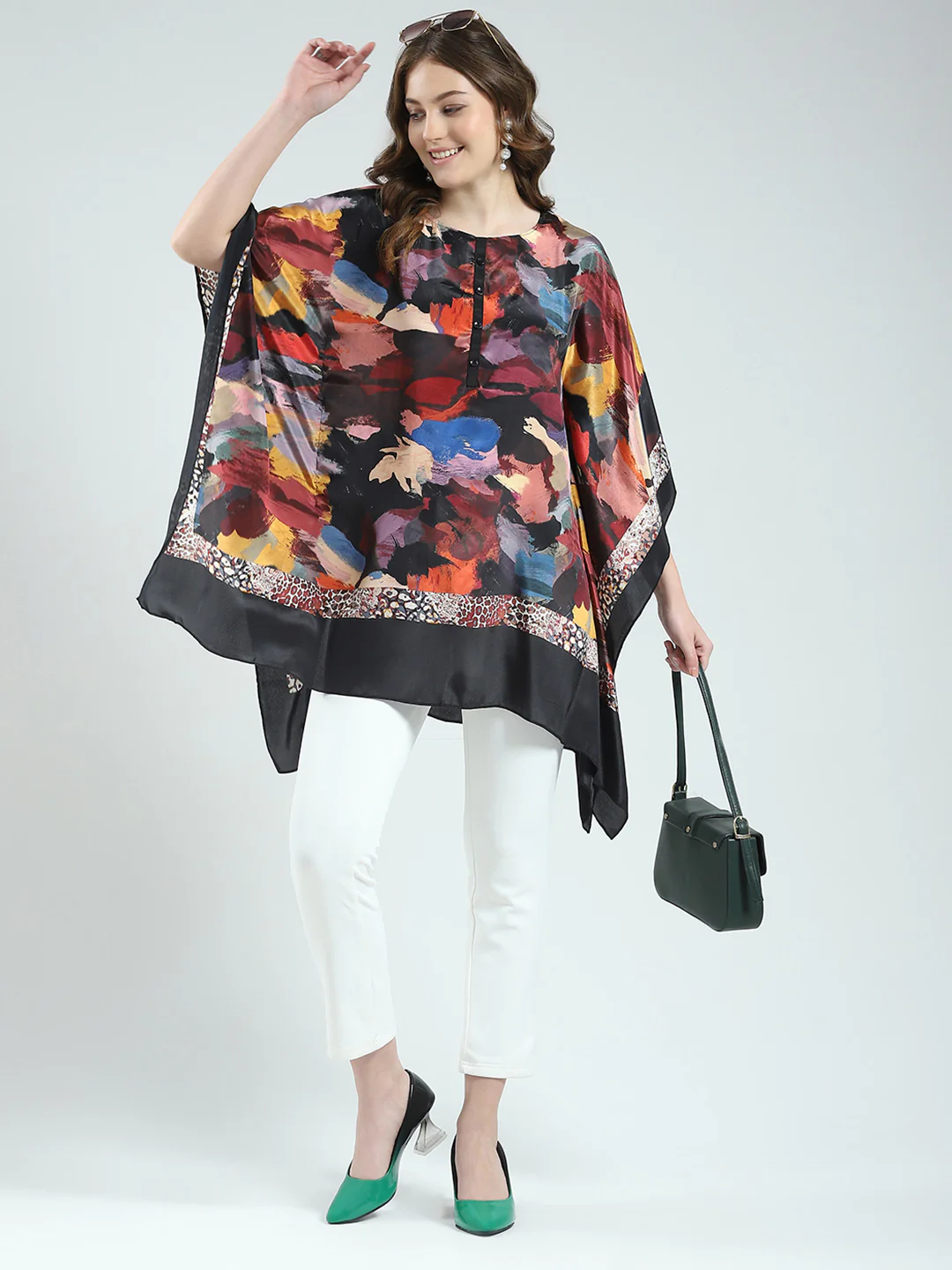 Women Black Printed Round Neck 3/4th Sleeve Poncho - Image 2