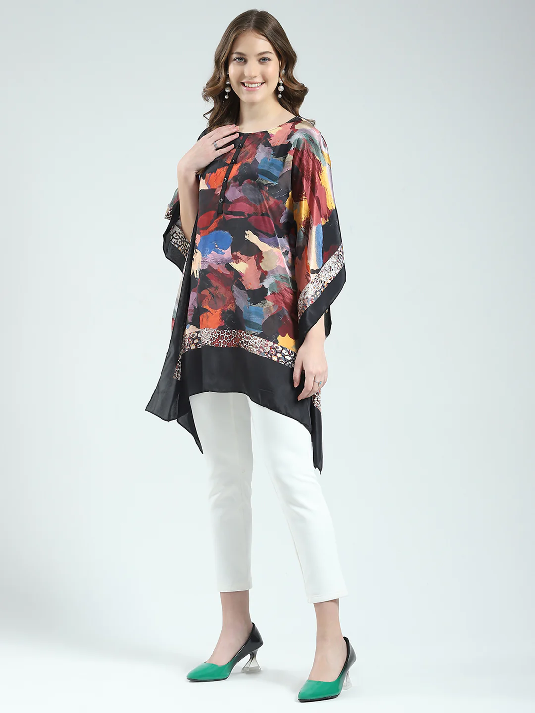 Women Black Printed Round Neck 3/4th Sleeve Poncho - Image 3