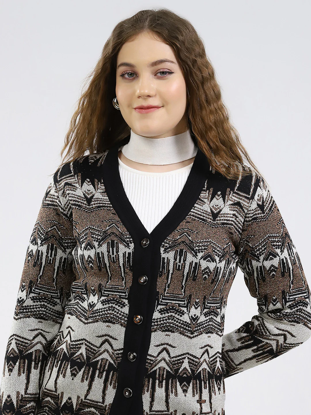 Women Black Printed V Neck Full Sleeve Cardigan - Image 7