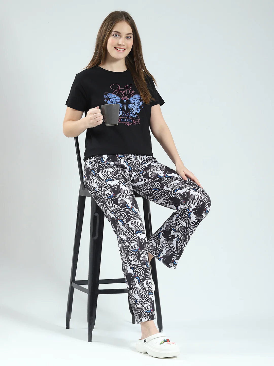 Women Black Printed Round Neck Half Sleeve Lower Set - Image 2