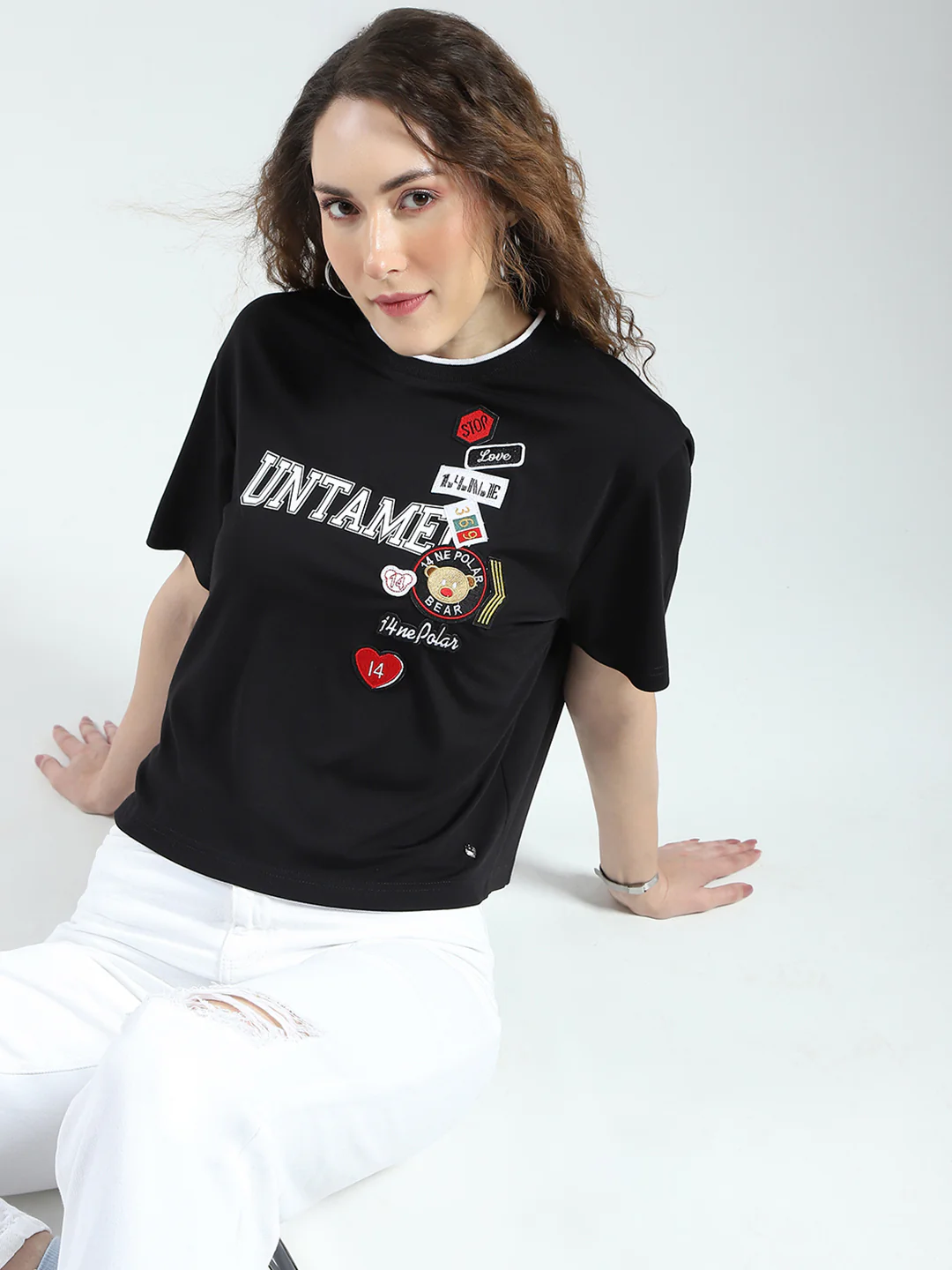 Women Black Printed Round Neck Half Sleeve Top - Image 6
