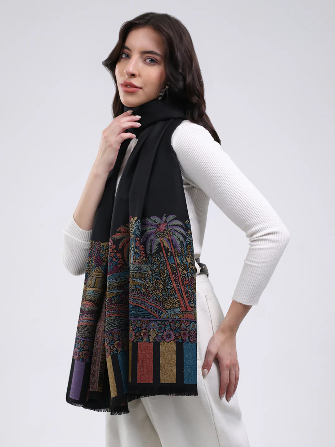 Women Black Printed Wool Blend Shawl - Image 3