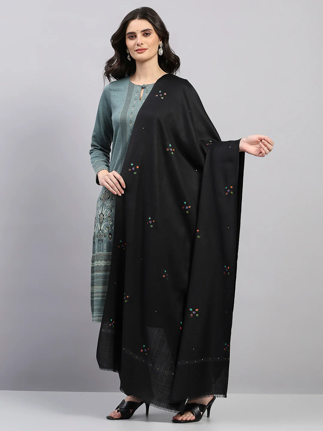Women Black Printed Wool Blend Shawl - Image 3