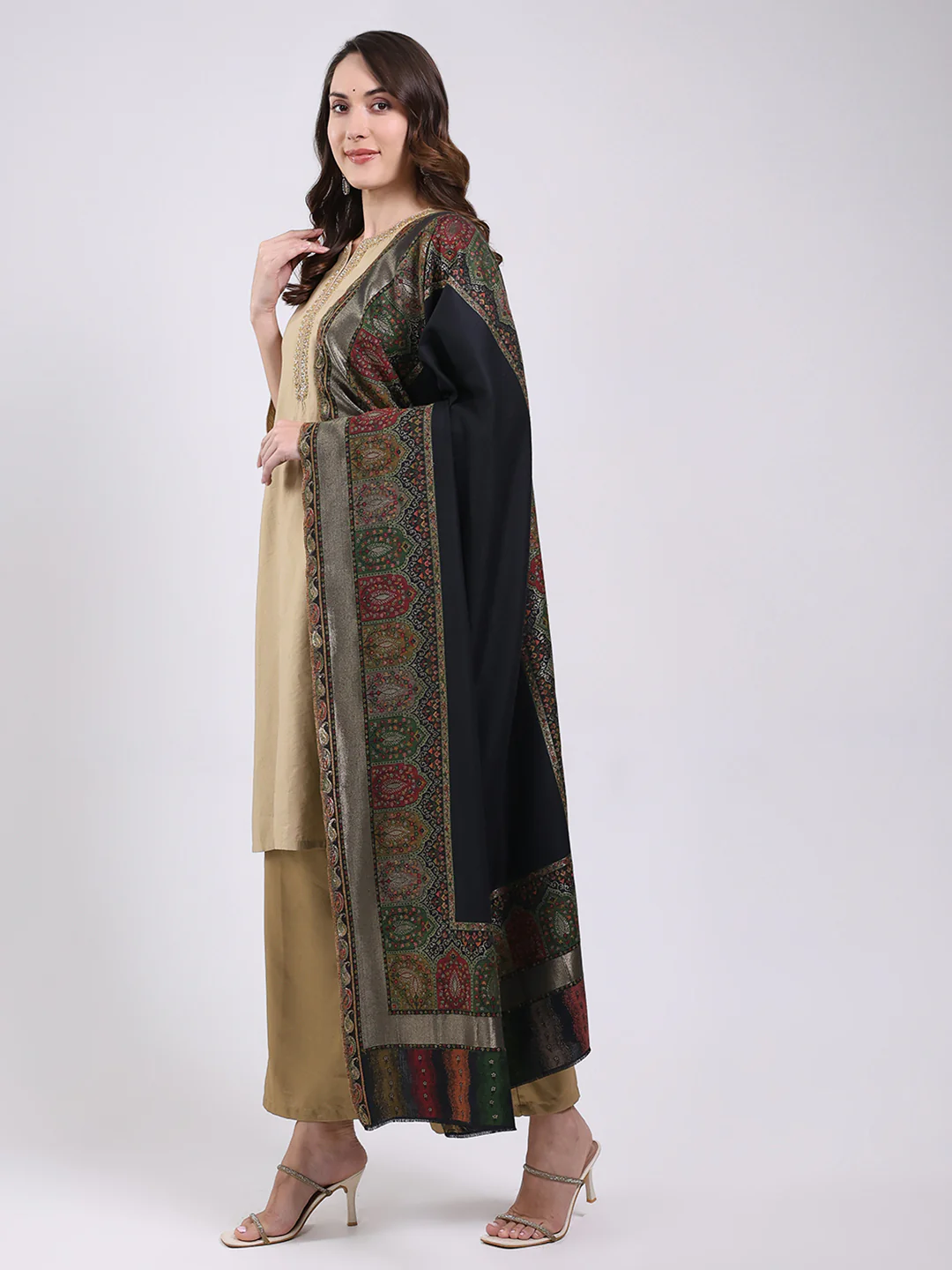 Women Black Printed Wool Blend Shawl - Image 3