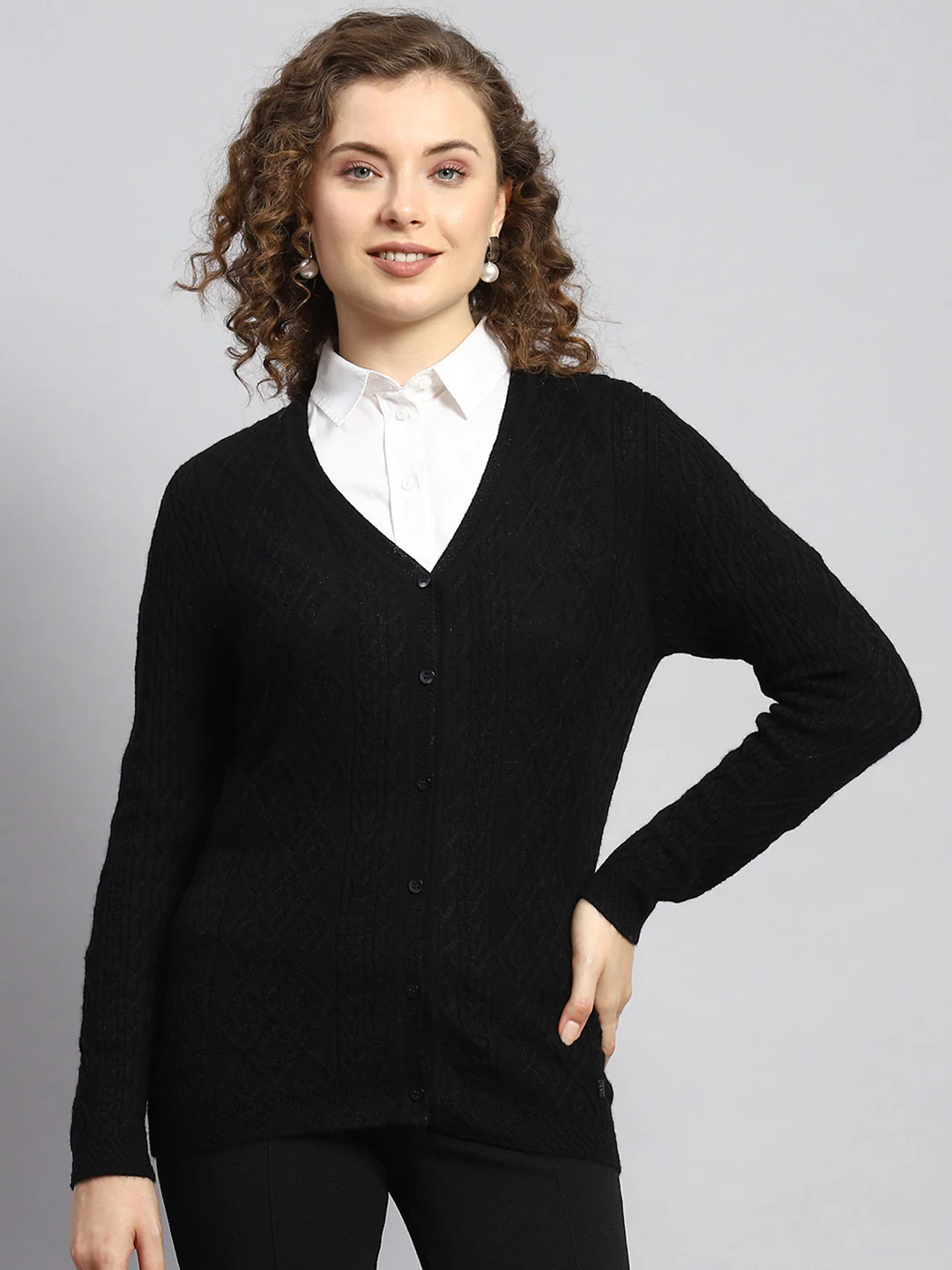 Women Black Self Cardigan - Image 2