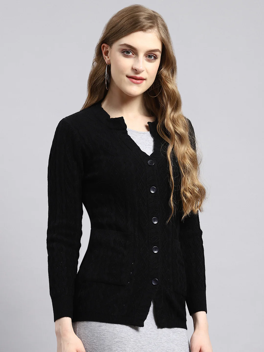 Women Black Self Cardigan - Image 2
