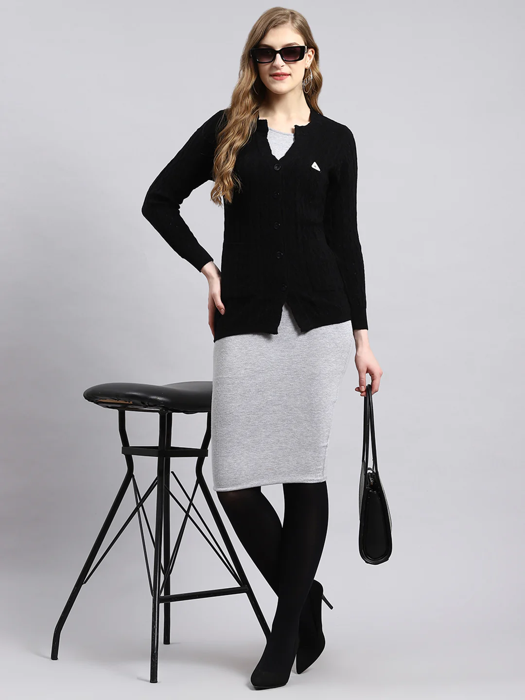 Women Black Self Cardigan - Image 5