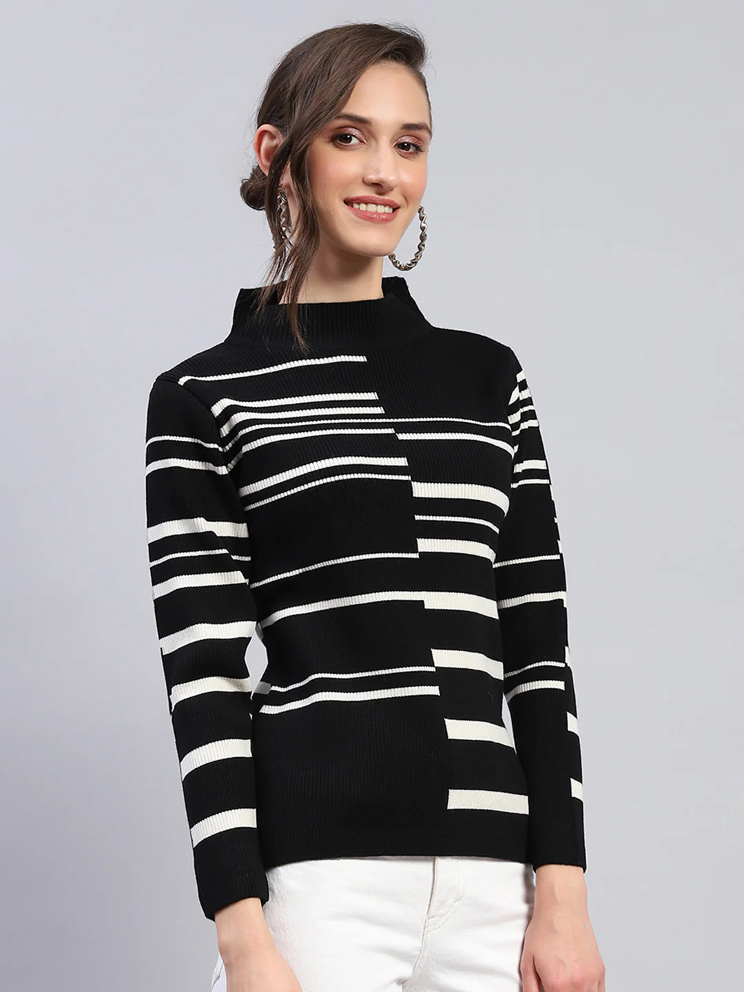 Women Black Self Design Band Collar Full Sleeve Winter Tops - Image 4