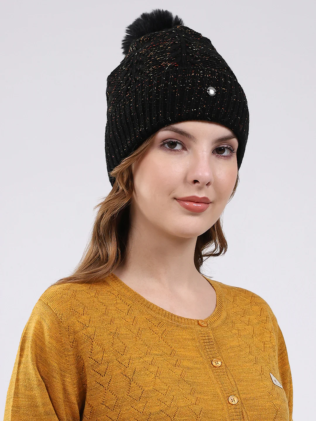 Women Black Self Design Blend Wool Cap - Image 4