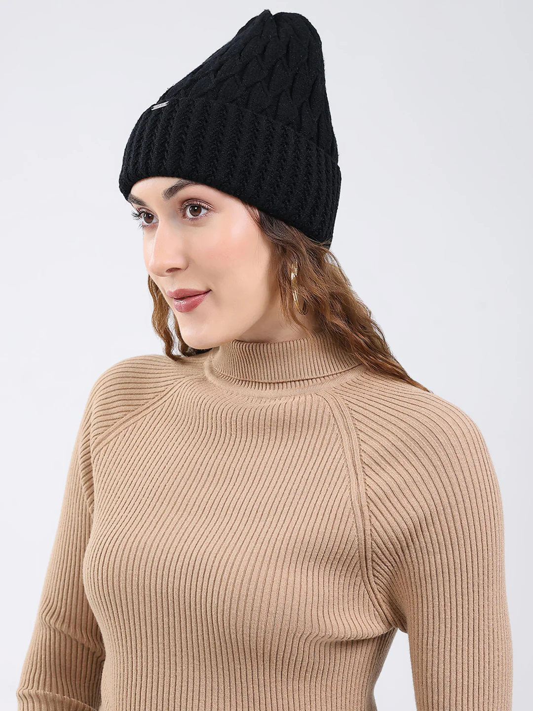 Women Black Self Design Blend Wool Cap - Image 3