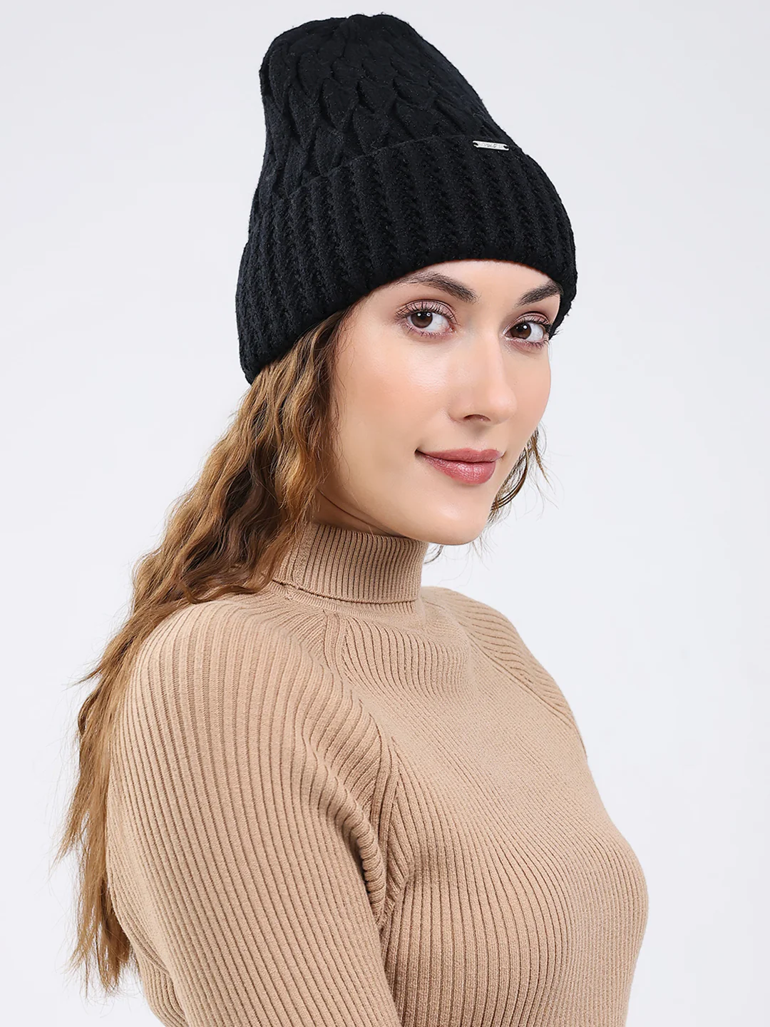 Women Black Self Design Blend Wool Cap - Image 4