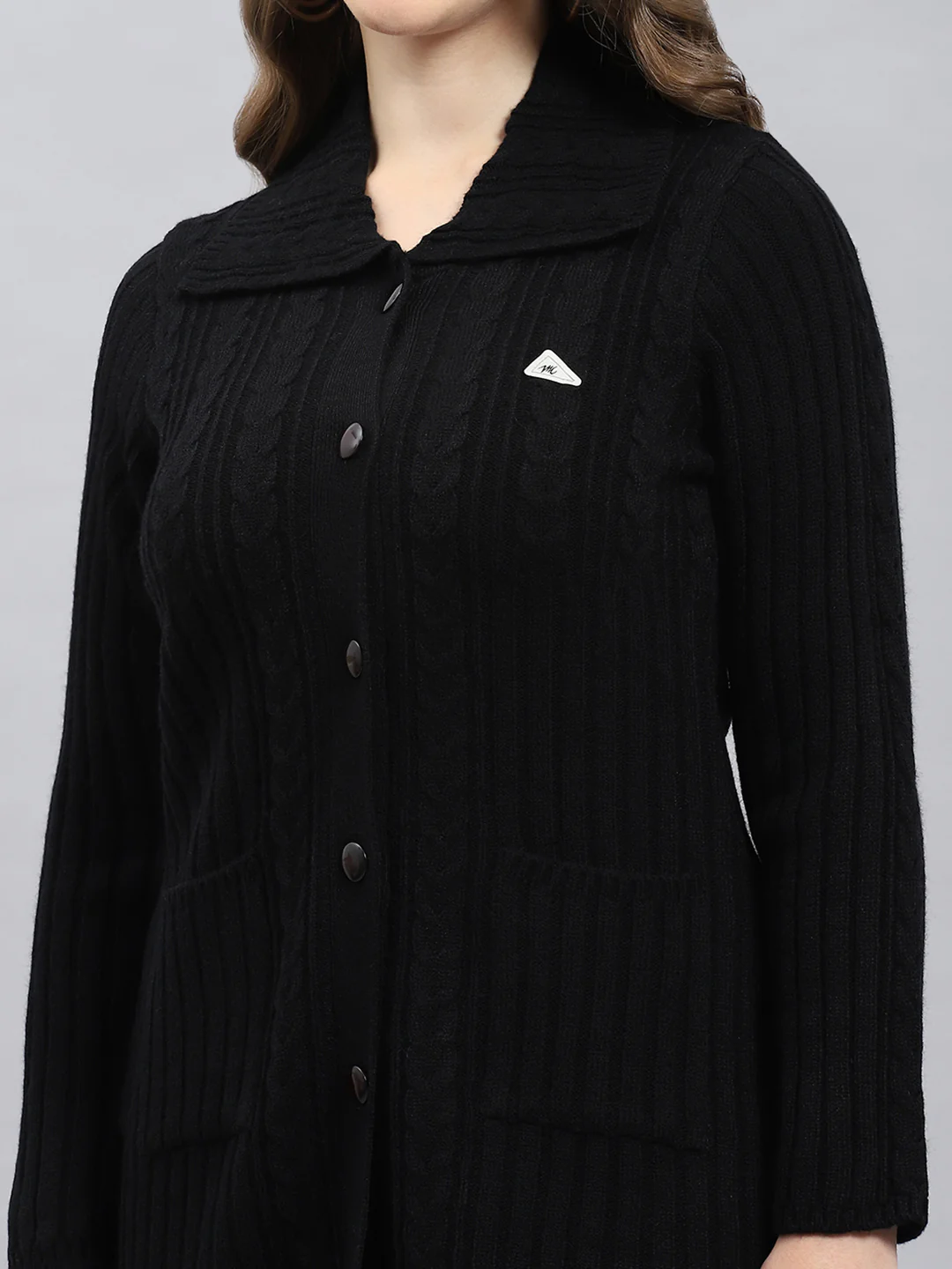 Women Black Self Design Collar Full Sleeve Cardigan - Image 6