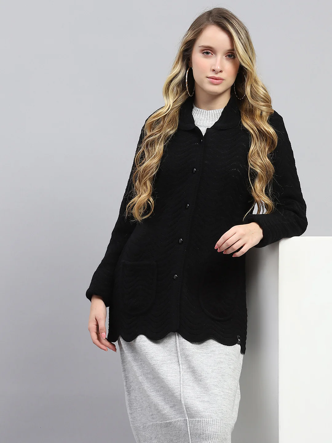 Women Black Self Design Collar Full Sleeve Cardigan - Image 6