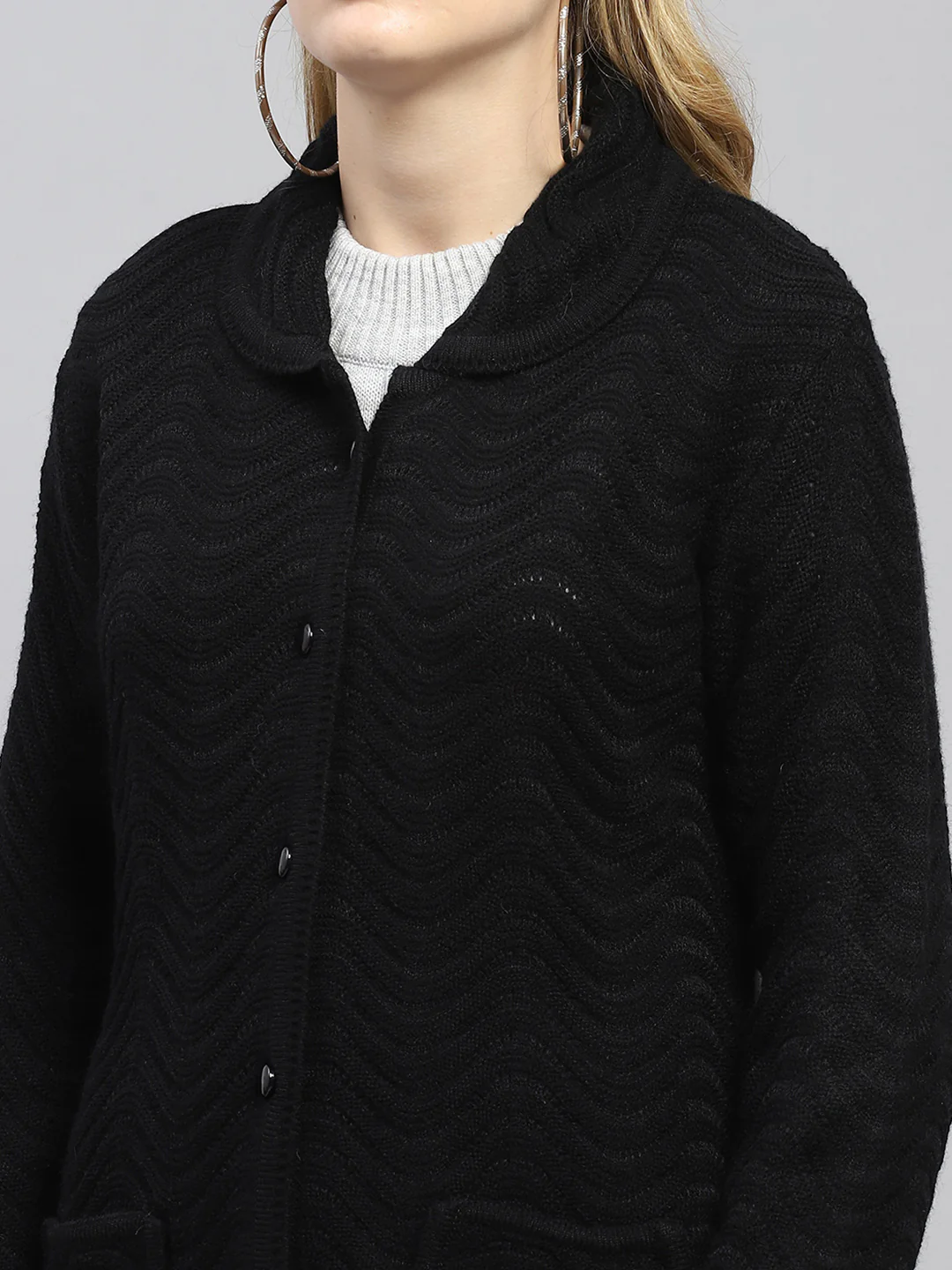 Women Black Self Design Collar Full Sleeve Cardigan - Image 7