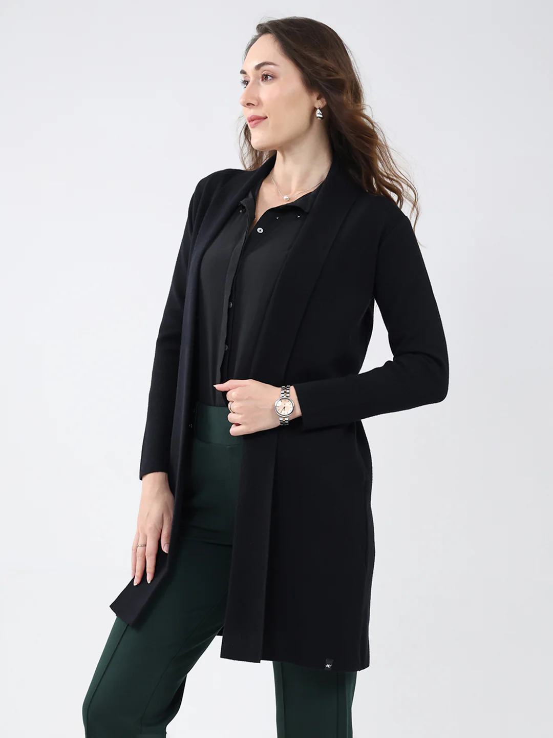 Women Black Self Design Collar Full Sleeve Cardigan - Image 3