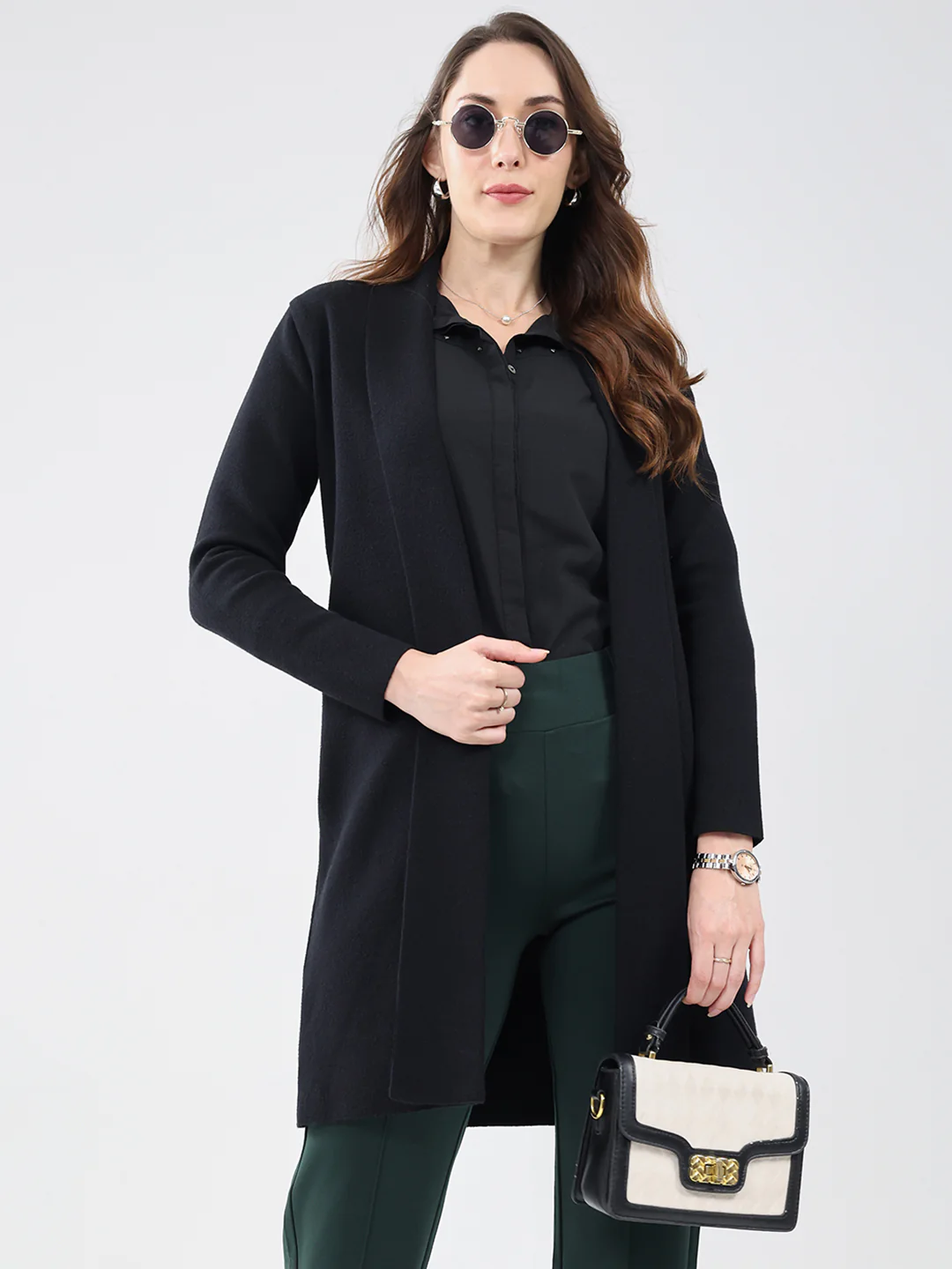 Women Black Self Design Collar Full Sleeve Cardigan - Image 6