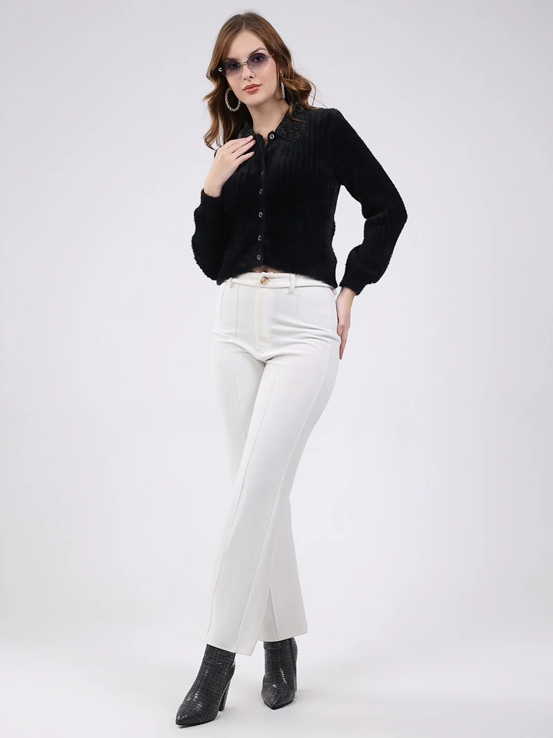 Women Black Self Design Collar Full Sleeve Cardigan - Image 2