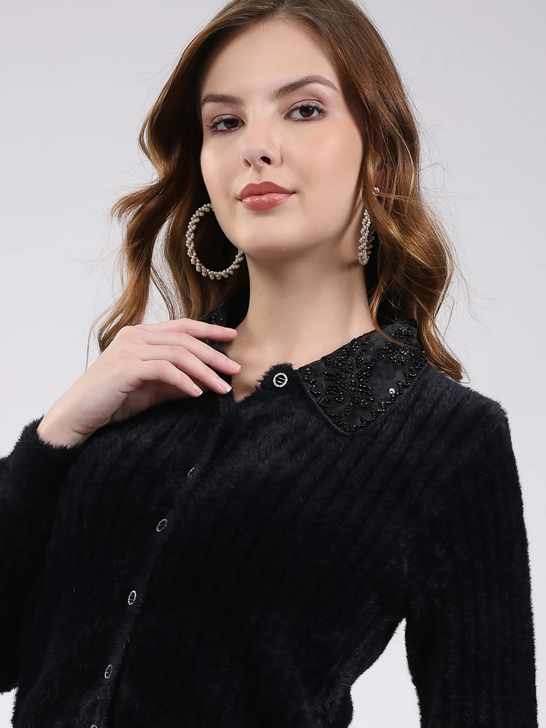 Women Black Self Design Collar Full Sleeve Cardigan - Image 6