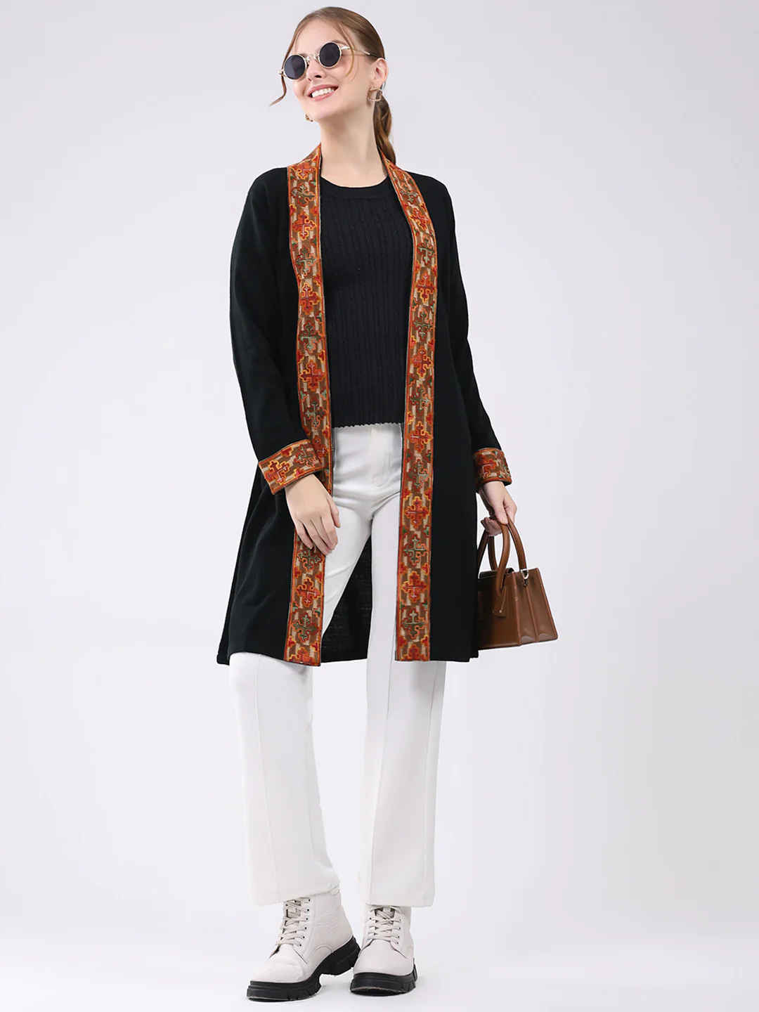 Women Black Self Design Collar Full Sleeve Cardigan - Image 2