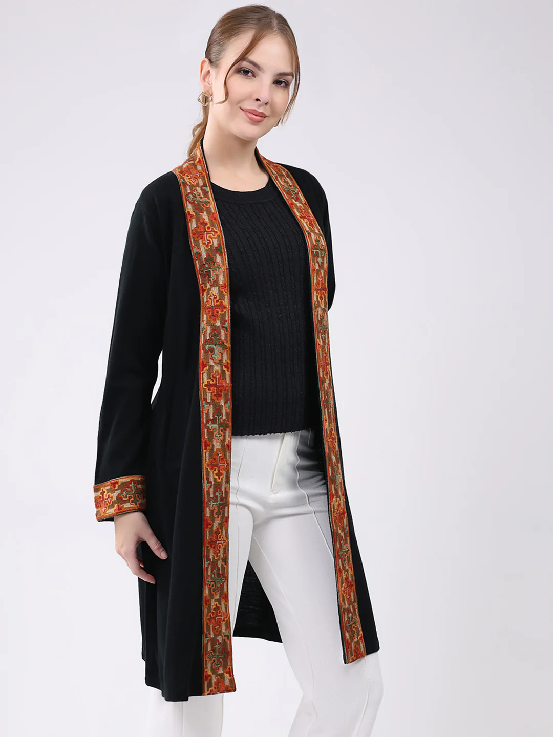 Women Black Self Design Collar Full Sleeve Cardigan - Image 4