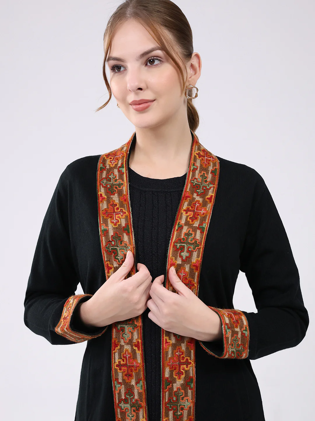 Women Black Self Design Collar Full Sleeve Cardigan - Image 6