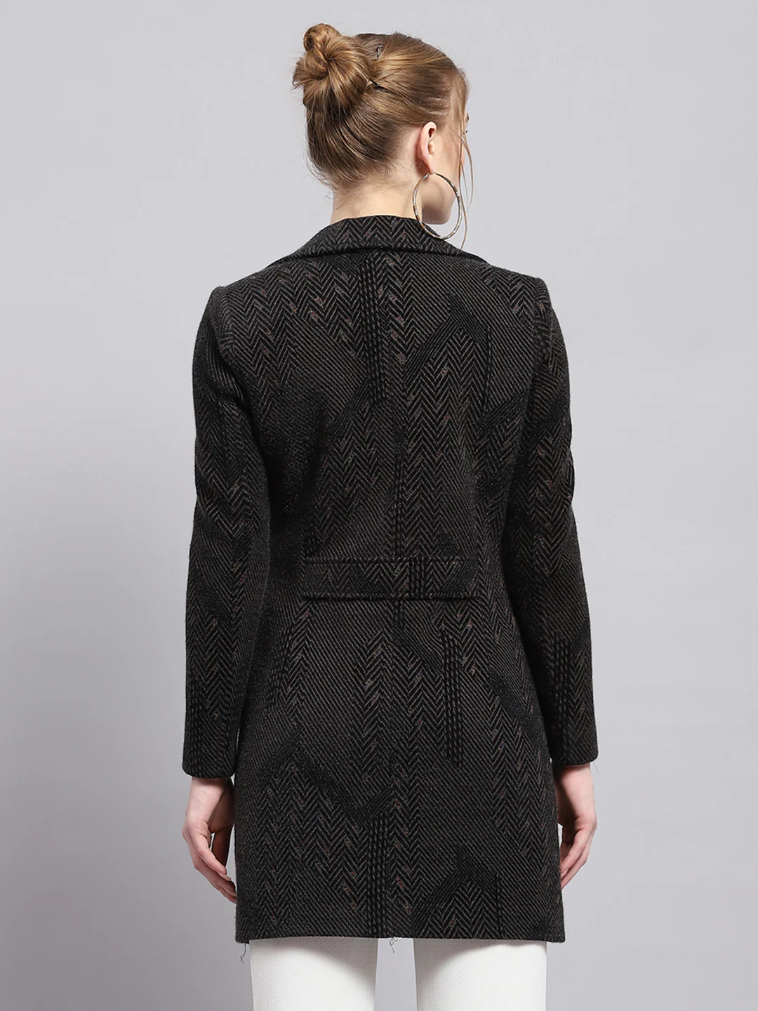 Women Black Self Design Collar Full Sleeve Coat - Image 5