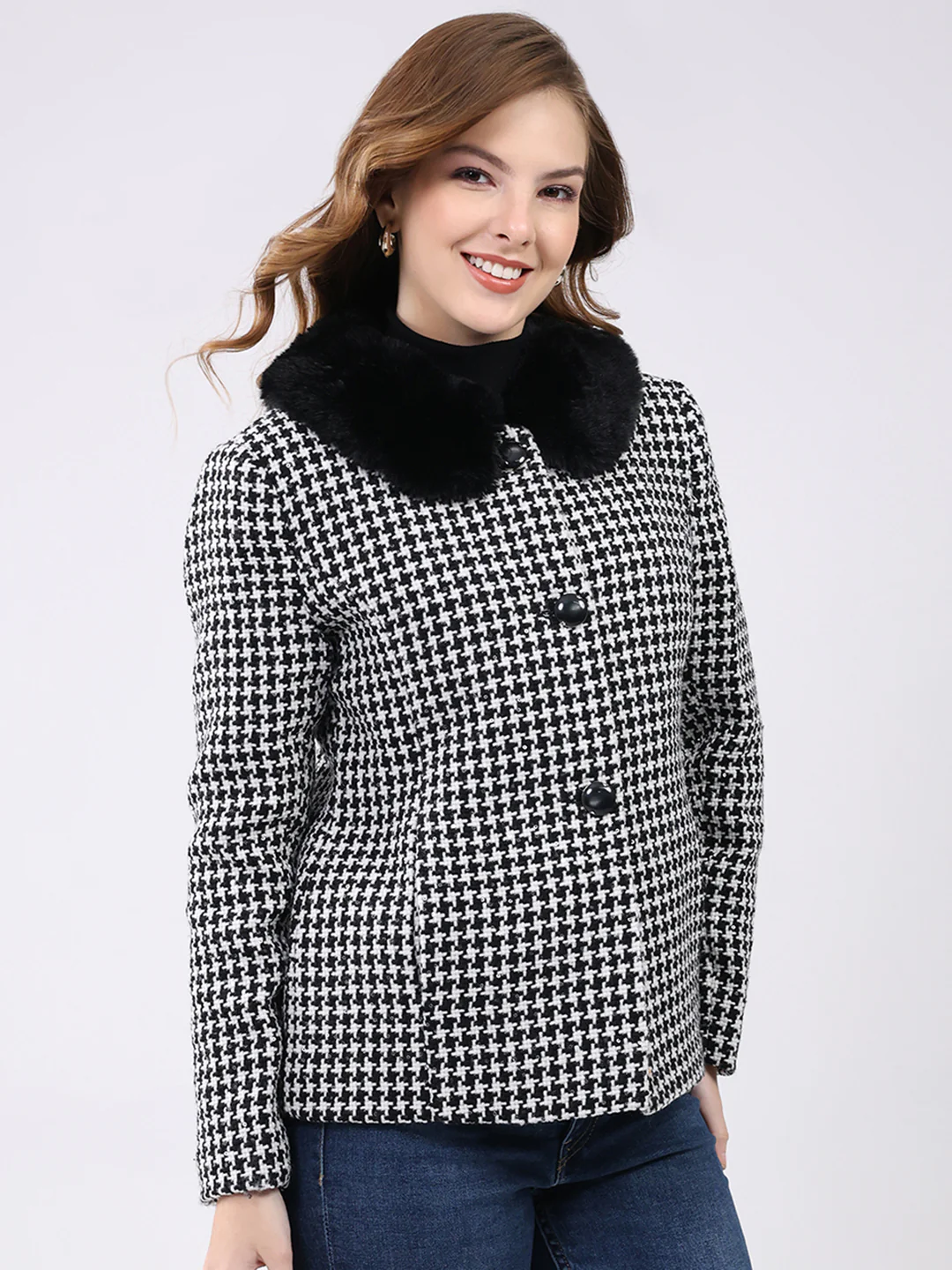 Women Black Self Design Collar Full Sleeve Coat - Image 4