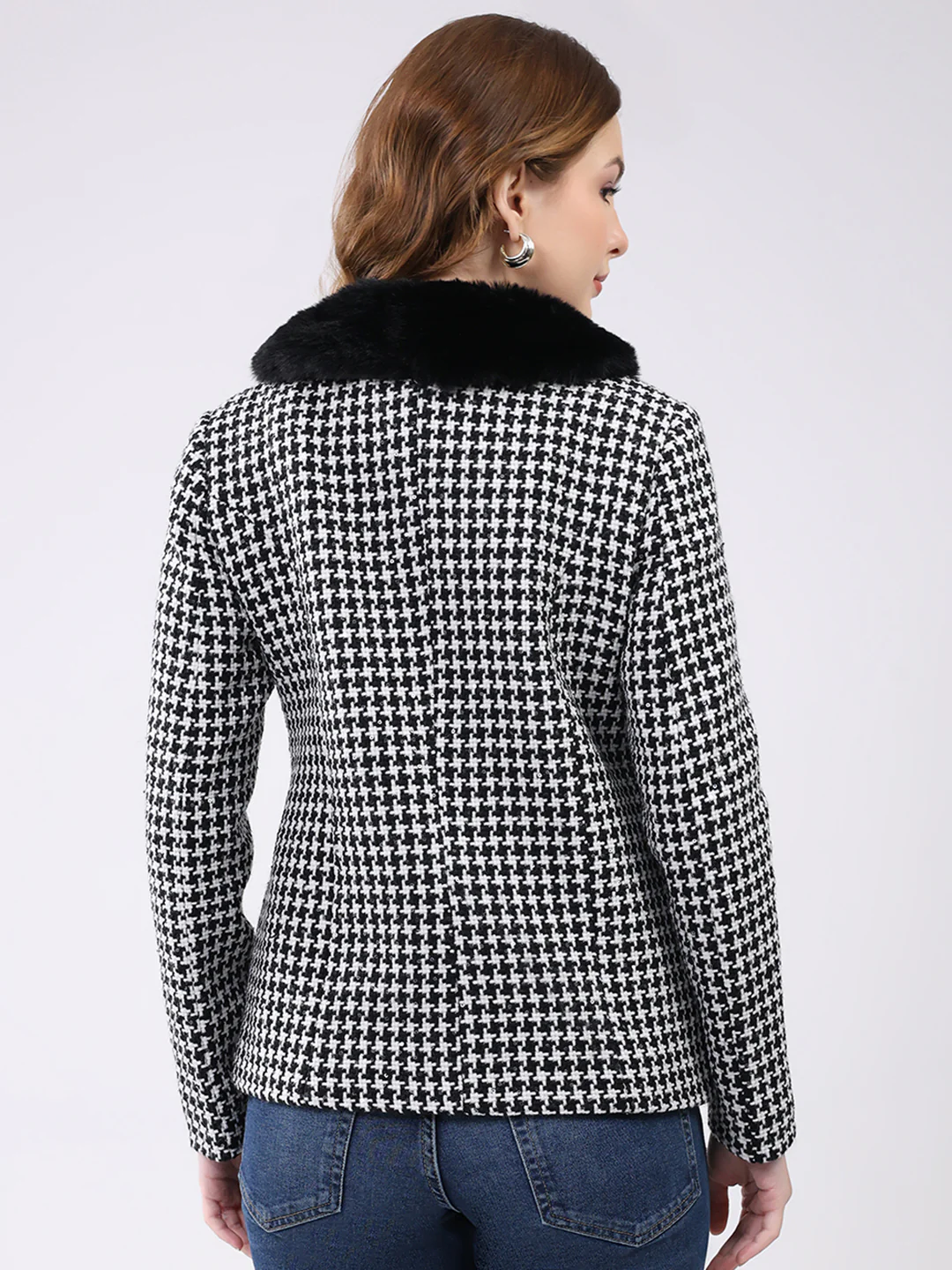 Women Black Self Design Collar Full Sleeve Coat - Image 5