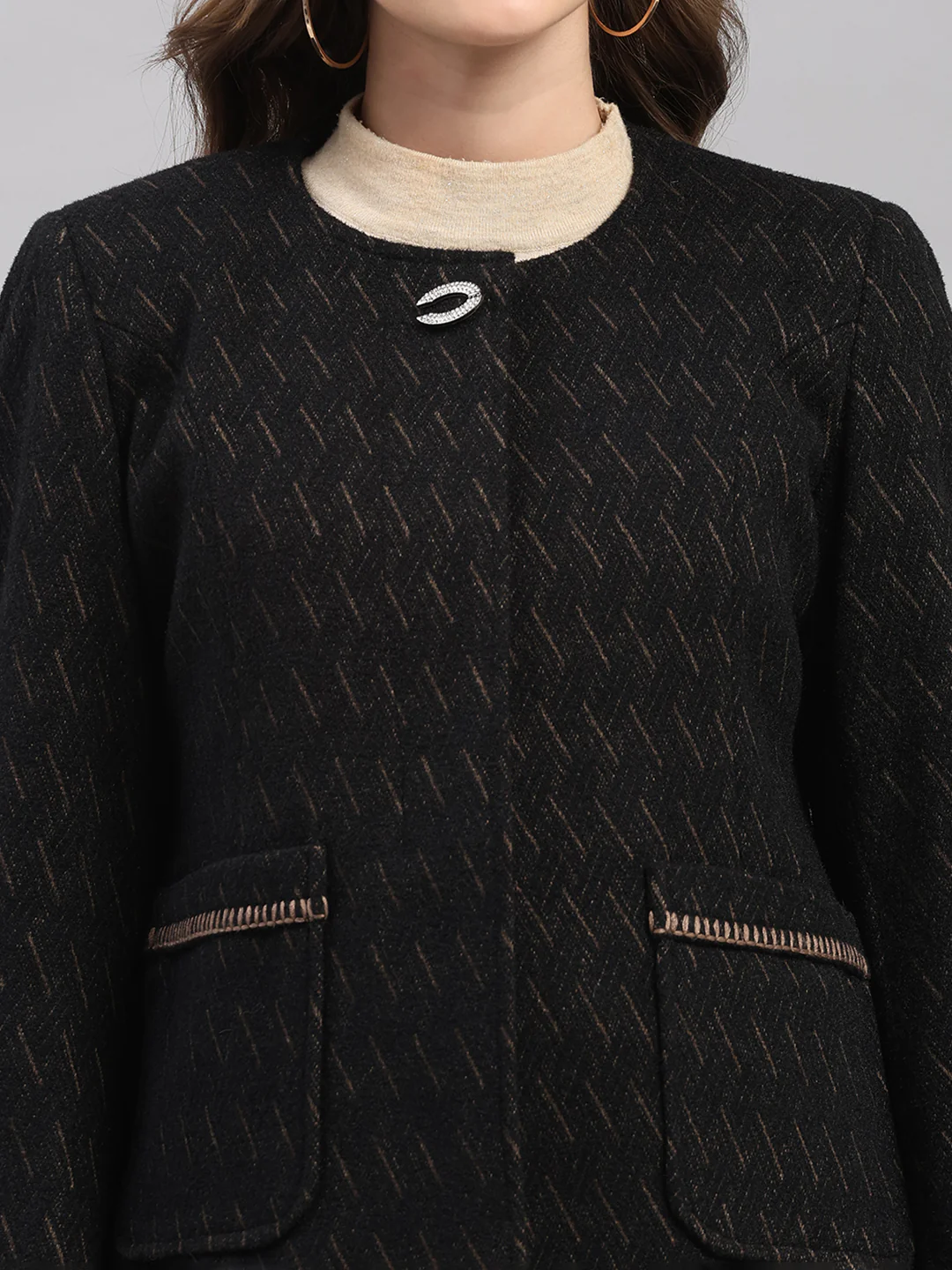 Women Black Self Design Collar Full Sleeve Coat - Image 7