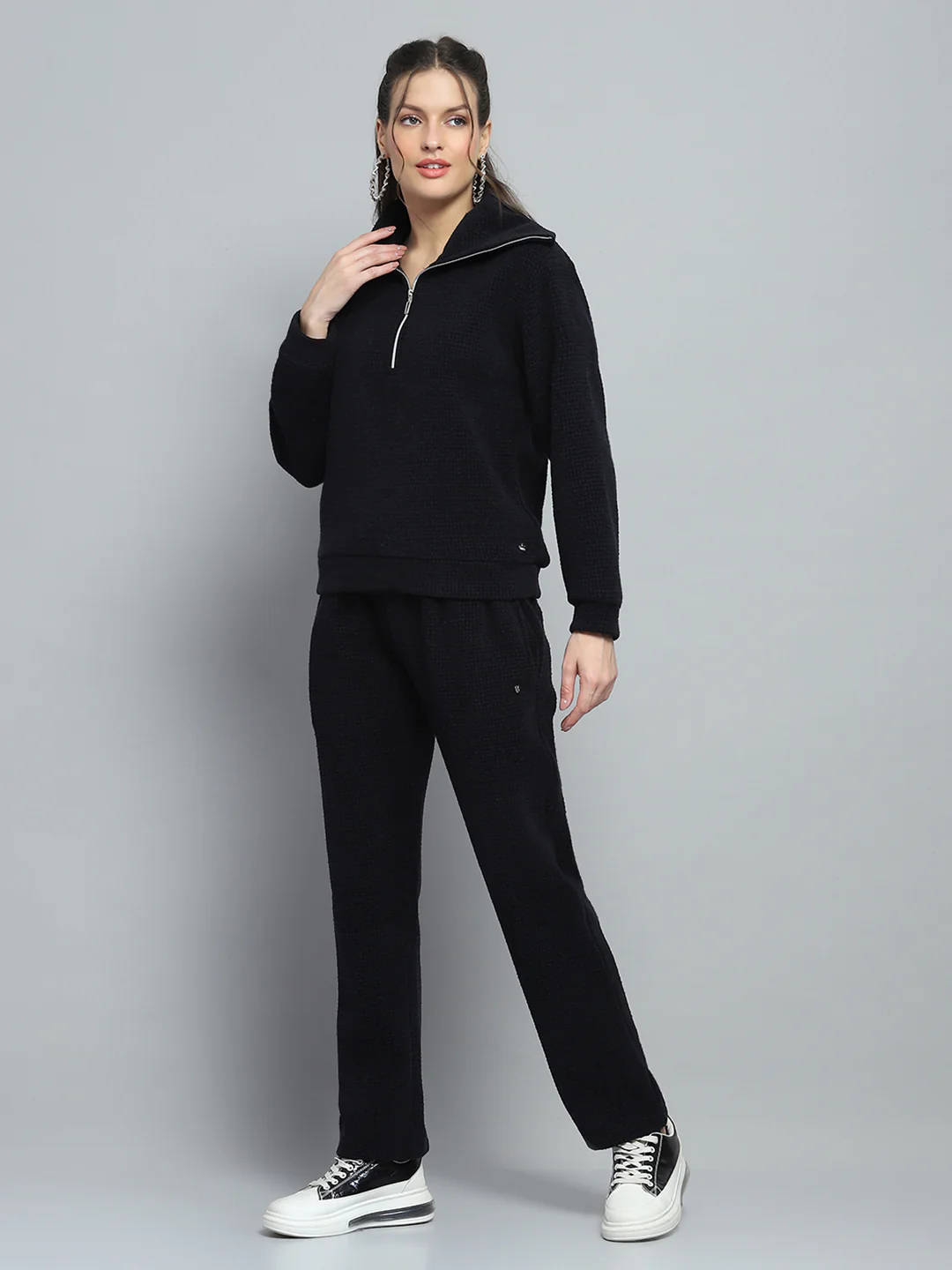 Women Black Self Design Collar Full Sleeve Cords Set - Image 3