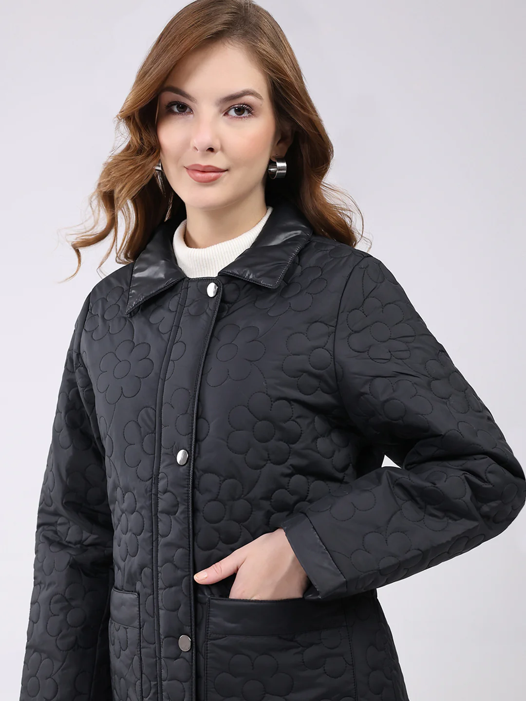 Women Black Self Design Collar Full Sleeve Jacket - Image 7