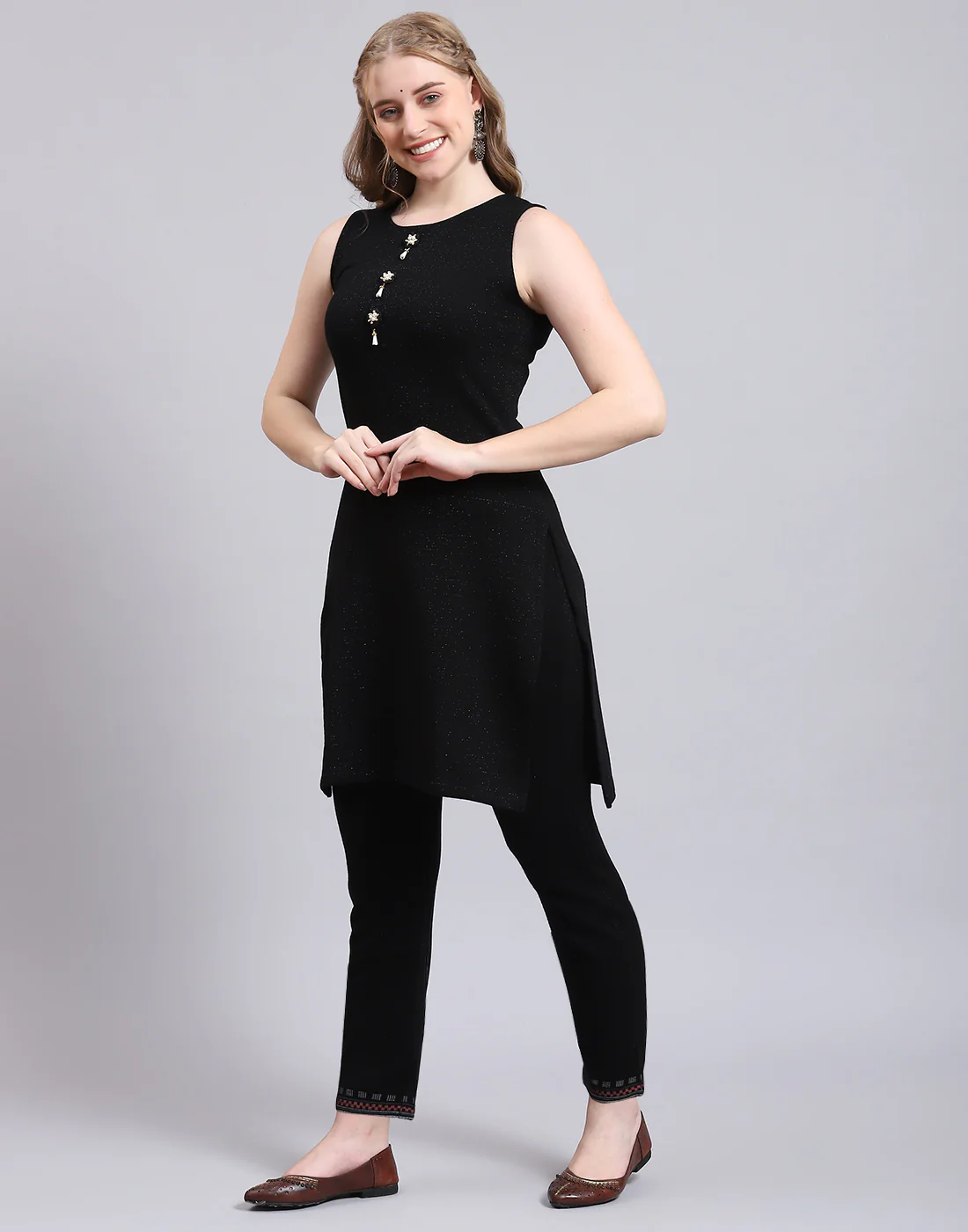 Women Black Self Design Collar Full Sleeve Kurtis Set - Image 7
