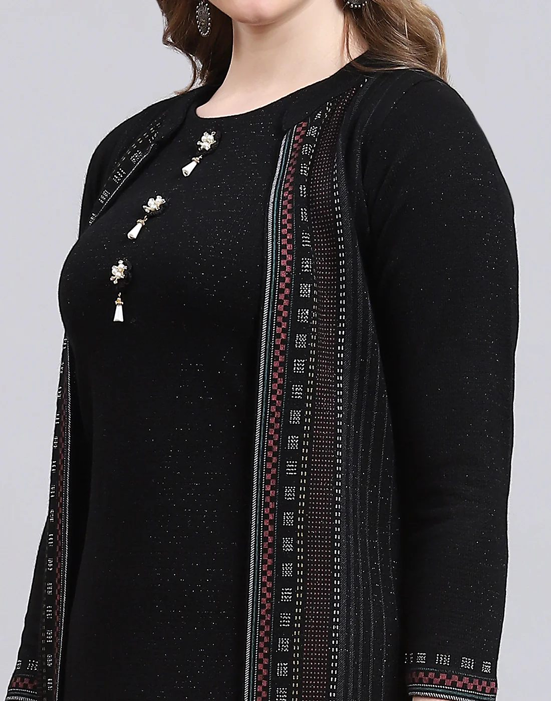 Women Black Self Design Collar Full Sleeve Kurtis Set - Image 8