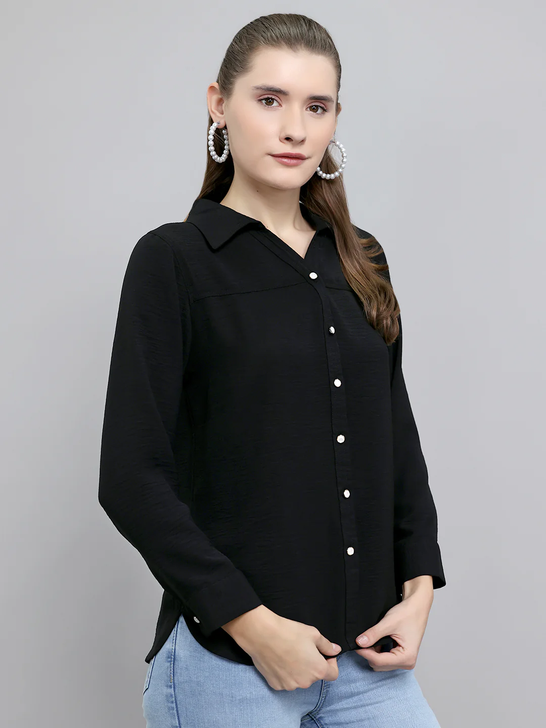 Women Black Self Design Collar Full Sleeve Top - Image 3