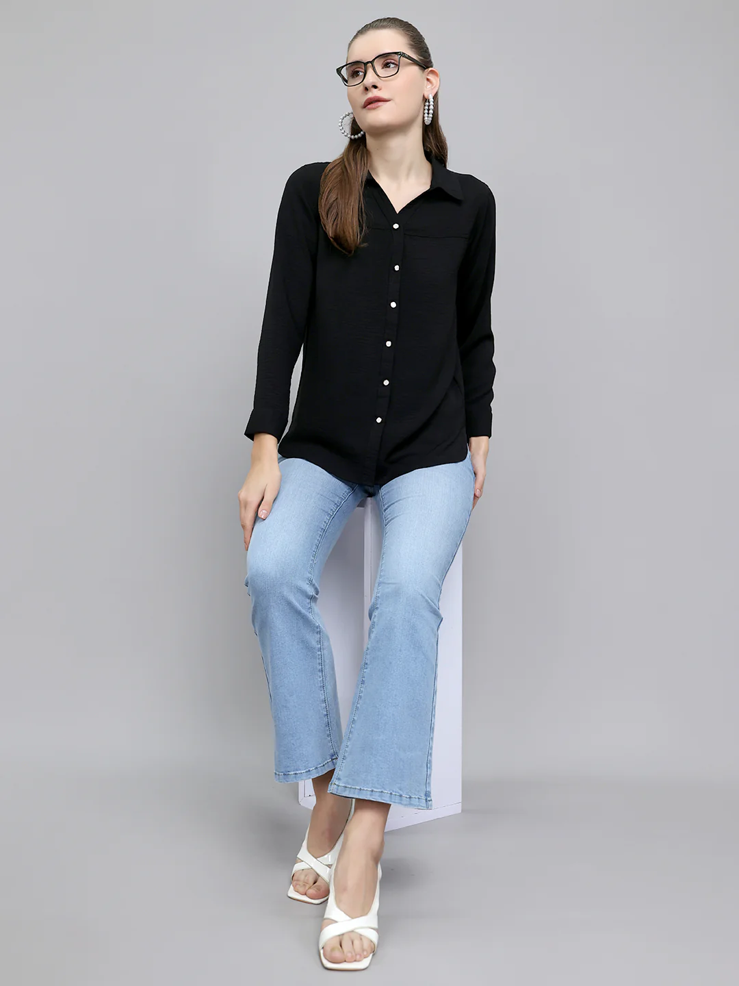 Women Black Self Design Collar Full Sleeve Top - Image 6