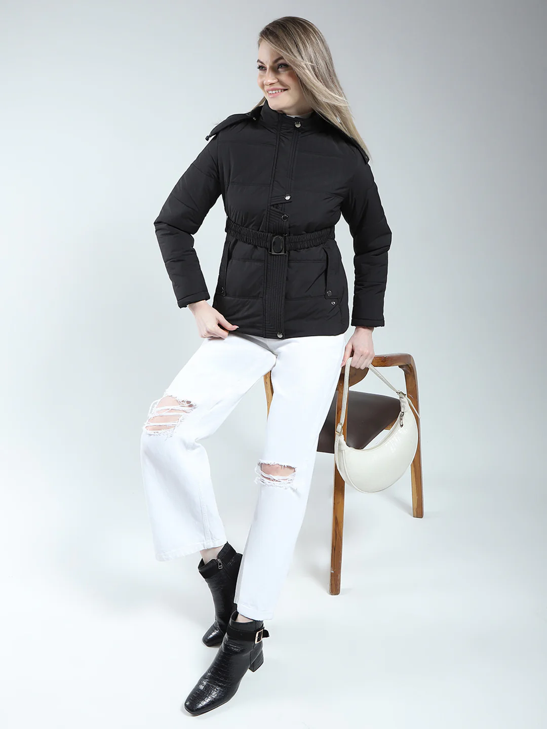 Women Black Self Design Detachable Hood Full Sleeve Jacket - Image 2
