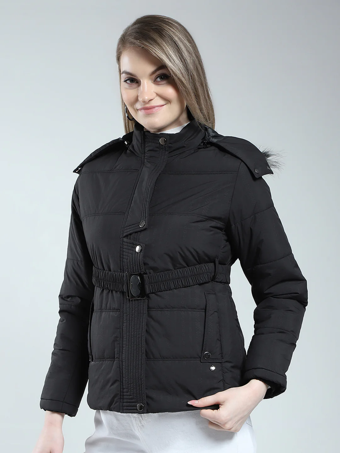 Women Black Self Design Detachable Hood Full Sleeve Jacket - Image 3