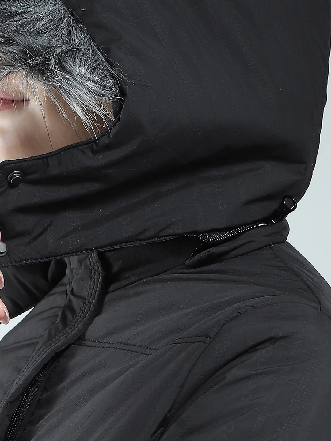 Women Black Self Design Detachable Hood Full Sleeve Jacket - Image 8